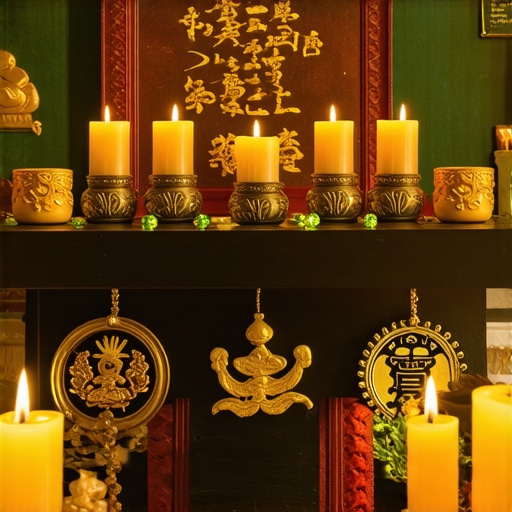 Altar con símbolos de prosperidad, colores dorado y verde, rodeado de velas y objetos esotéricos