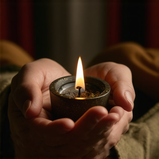 Persona sosteniendo un objeto místico en sus manos en un ambiente cálido y espiritual