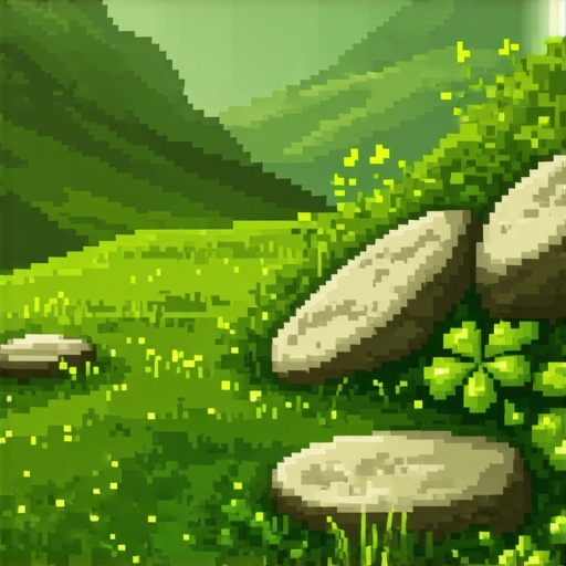 Scottish landscape featuring luck symbols like four-leaf clovers and ancient stones.