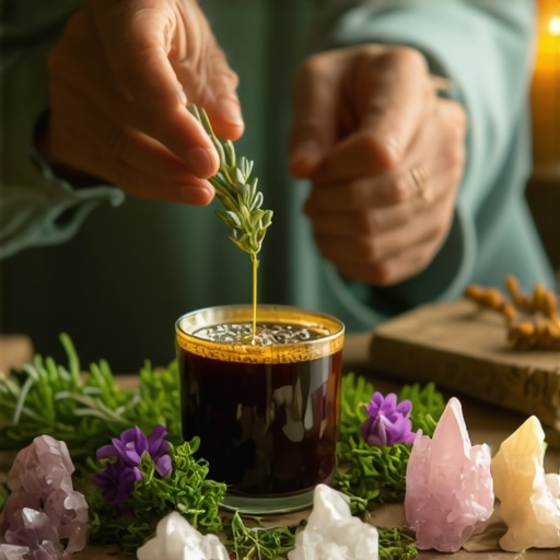 A person crafting a spiritual ritual drink with herbs and crystals in a mystical setting