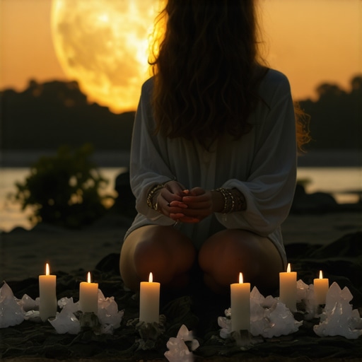 Persona realizando un ritual con cristales y velas durante luna llena en un entorno místico