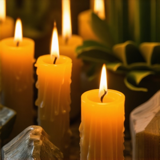 Scene showing candles, plants, and symbols of prosperity for rituals
