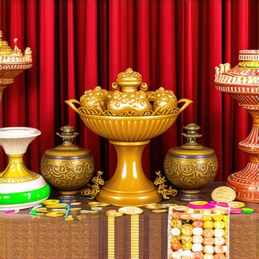 Colorful altar with coins, lucky charms, and cultural symbols for attracting good luck.