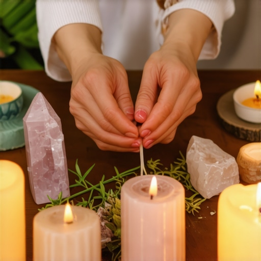 Un altar con cristales, velas y hierbas preparado para rituales de buena suerte.