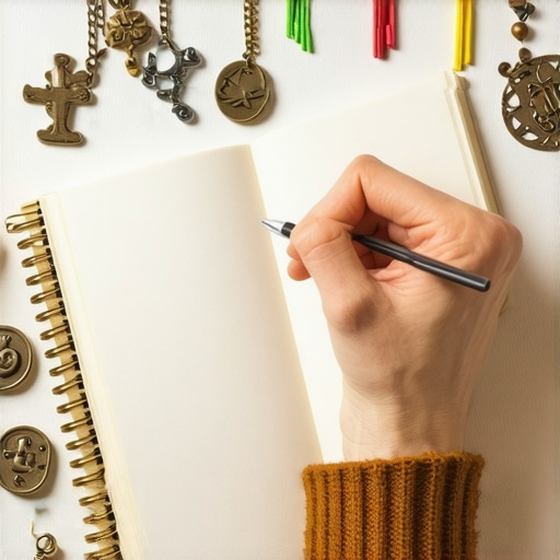 Persona escribiendo en un diario rodeada de objetos simbólicos y amuletos