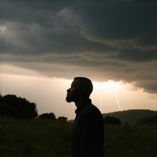 Person quietly observing a thunderstorm in nature, symbolizing respect for natural signs