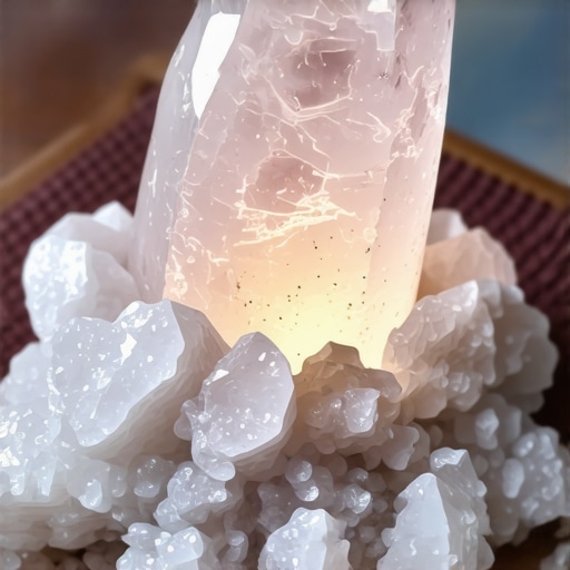 Un cristal de cuarzo transparente que brilla con luz suave, simbolizando energía positiva y protección