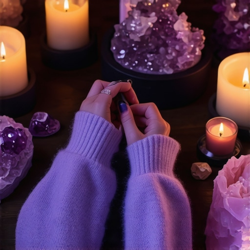 Persona registrando rituales con cristales y velas en un cuaderno digital