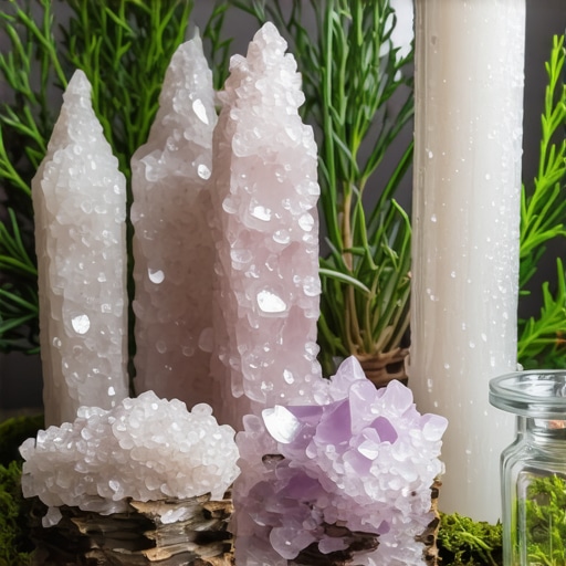 Cristales y hierbas en un altar ritual para atraer prosperidad
