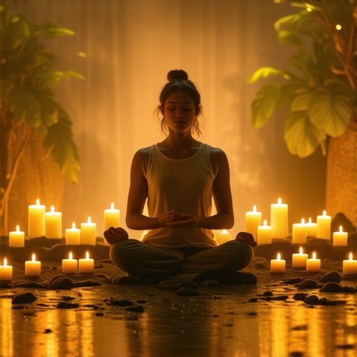 Meditación y símbolos de prosperidad en armonía Persona meditando en un altar decorado con símbolos de abundancia y plantas astrales.