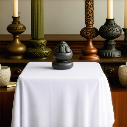 Imagen de un altar cultural con símbolos y objetos rituales para prácticas espirituales