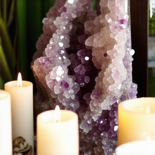 Cristales y velas en altar de protección espiritual