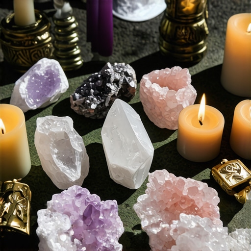 Cristales en un espacio tranquilo recibiendo luz solar y lunar, preparados para rituales de protección y amor.