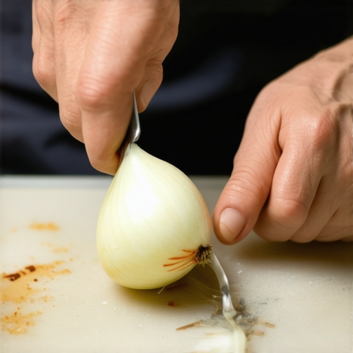 Cortar cebolla con intención y precisión Persona cortando cebolla en ángulo en una tabla de madera con atención plena
