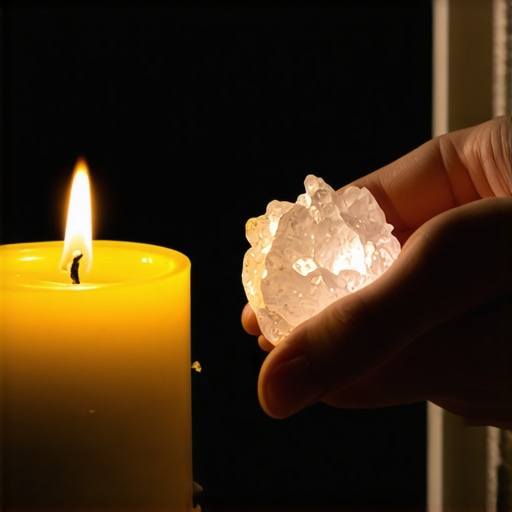 Persona sosteniendo un cristal brillante junto a una vela en un altar