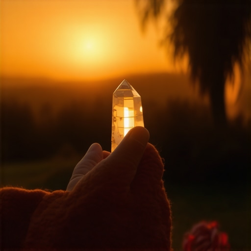 Person holding a crystal and a rose at sunset, symbolizing love and positivity