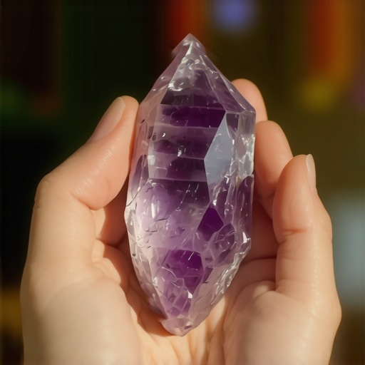Energy Activation of Amethyst Crystal Hand holding a glowing amethyst crystal symbolizing calmness and energy.