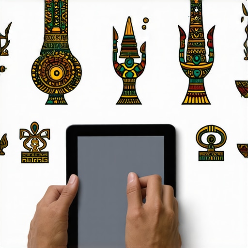 Herramientas digitales para mantener tus tradiciones culturales Persona usando una tableta para gestionar símbolos culturales y folklore en una interfaz digital moderna.