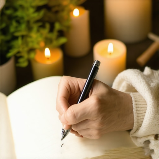 Persona escribiendo en un diario cerca de plantas y velas para atraer abundancia