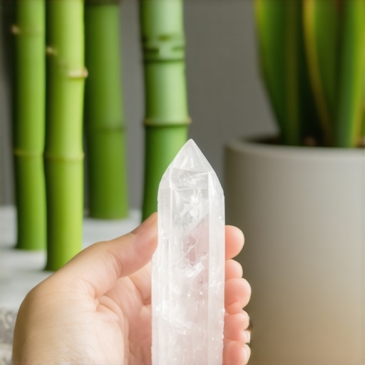 Mano sosteniendo cuarzo transparente junto a planta de bambú que simboliza prosperidad