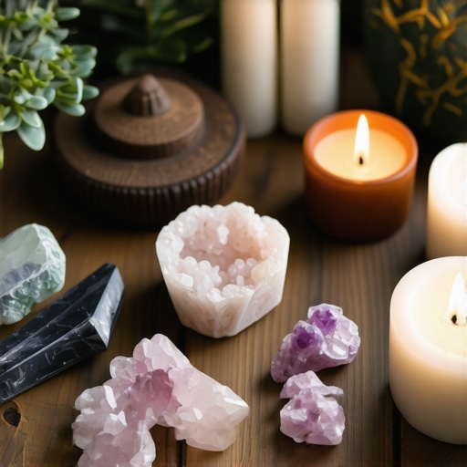 Herramientas para Rituals Tools like crystals, plants, and candles arranged for spiritual rituals