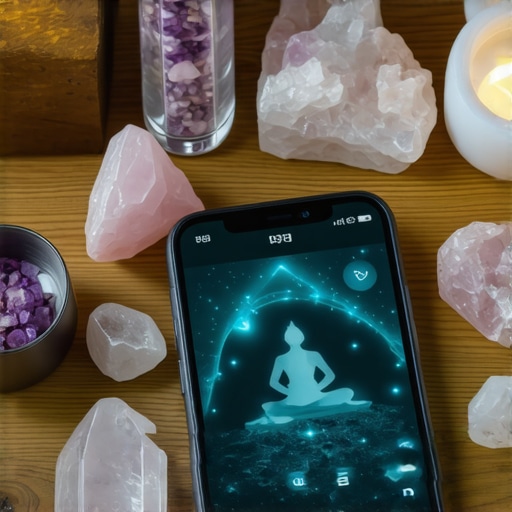 Herramientas para mantene tus rituales en 2026 Cristales, lámparas de sal y teléfono con app de meditación en una mesa de madera