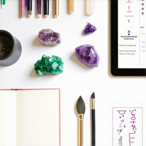 Herramientas para mantener prácticas culturales y supersticiones Espacio de trabajo con cristales, diario y tablet con símbolos y rituales