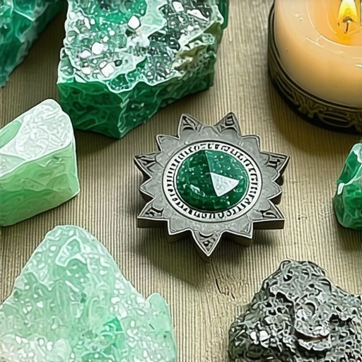 Herramientas rituales para el éxito Cristales verdes y objetos rituales en un altar para energizar prácticas