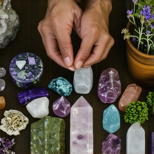 Herramientas rituales tradicionales con cristales y hierbas Persona organizando cristales y hierbas en un altar para rituales de creencias populares