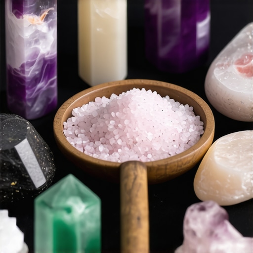 Imagen de cristales, sal de roca y símbolos culturales utilizados en rituales de supersticiones