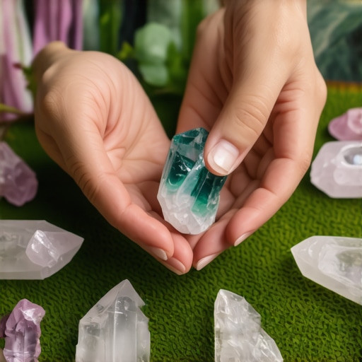 Person placing crystals and symbols among plants for protection and prosperity
