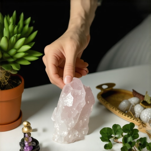 Person placing a crystal near plants and symbols for good luck in bedroom