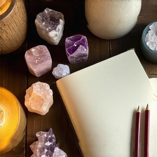 Manteniendo tus creencias vivas con herramientas efectivas Espacio personal con cristales y diario para reflejar creencias