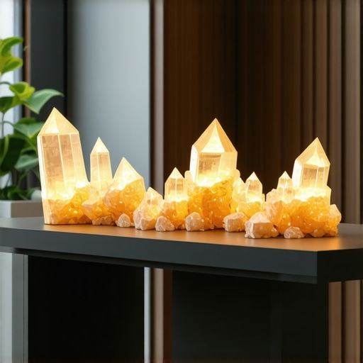 Office with crystals for prosperity and protection Modern office workspace with strategic placement of crystals for business success
