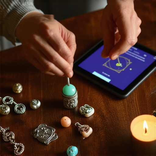 Practicando rituales con tecnología moderna Persona organizando objetos rituales en su altar personal con una tablet encendida