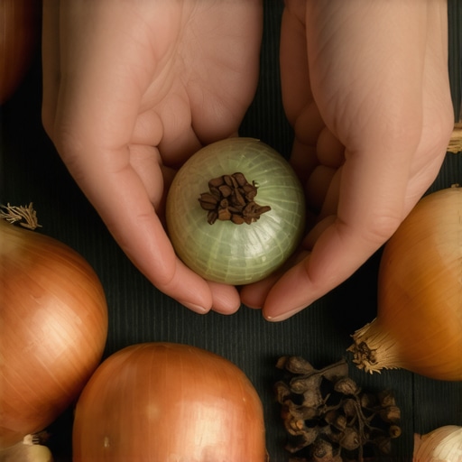 Manos colocando clavos en rodajas de cebolla en una mesa limpia para un ritual de protección