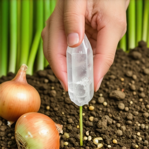 Person planting onions and placing crystals in a garden as a prosperity ritual