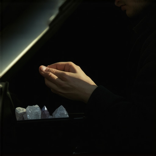 Protection crystals in a car Person placing healing crystals inside a vehicle for safety and positive energy.