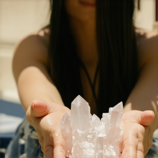 Persona colocando cristales a la luz solar para energizarlos
