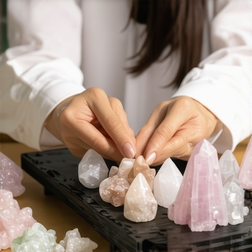 Ritual con cristales y símbolos de buena suerte Persona realizando un ritual con cristales y símbolos en un ambiente hogareño