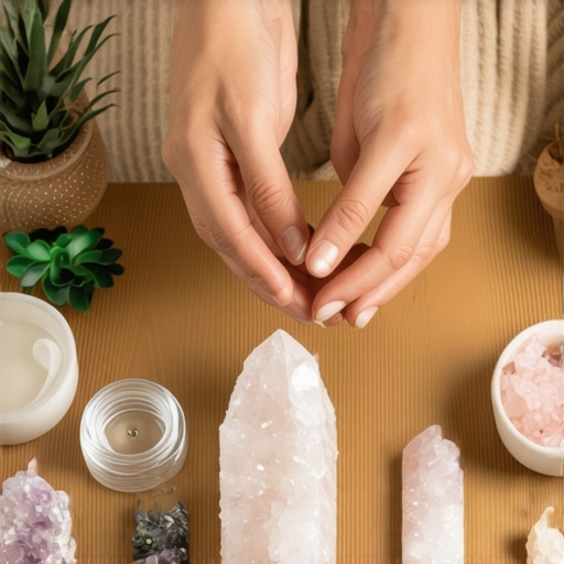 Person arranging crystals, plants, and water for a ritual during a home move.