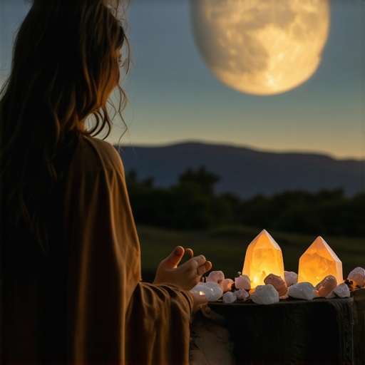 Persona cargando cristales con la luna llena para fortalecer energías positivas