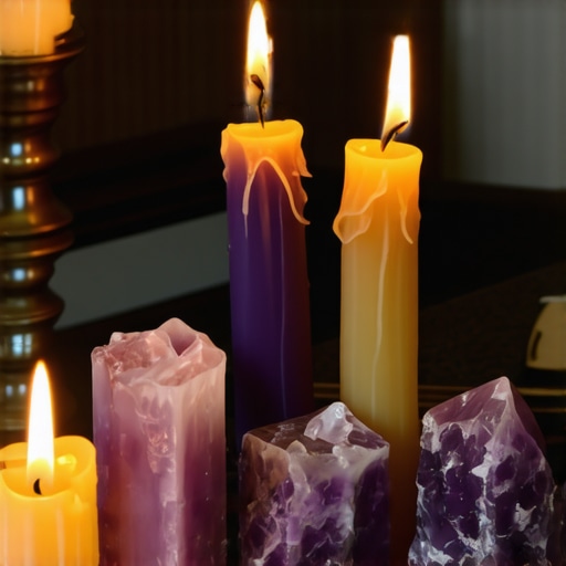 Decorative symbols of superstition like crystals, candles, and traditional elements in a home