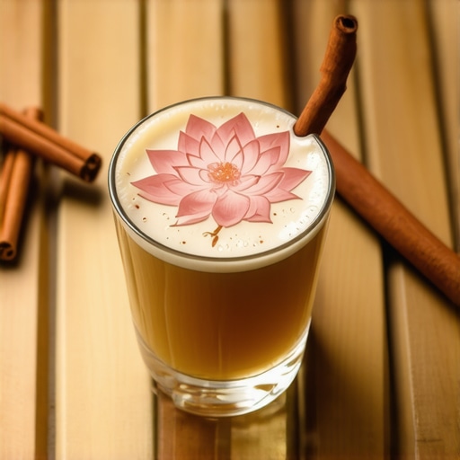 A beverage with a drawn lotus flower symbol and cinnamon stick design
