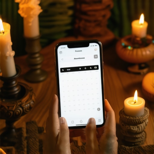 Persona utilizando un teléfono inteligente con una app de calendario durante ritual lunar, rodeada de velas y símbolos de prosperidad.