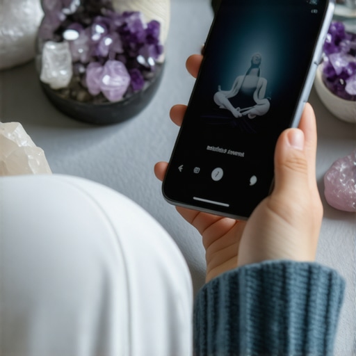 Tecnología y creencias: Herramientas modernas para prácticas tradicionales Persona registrando señales en un diario digital con cristales y aplicación de meditación en el teléfono