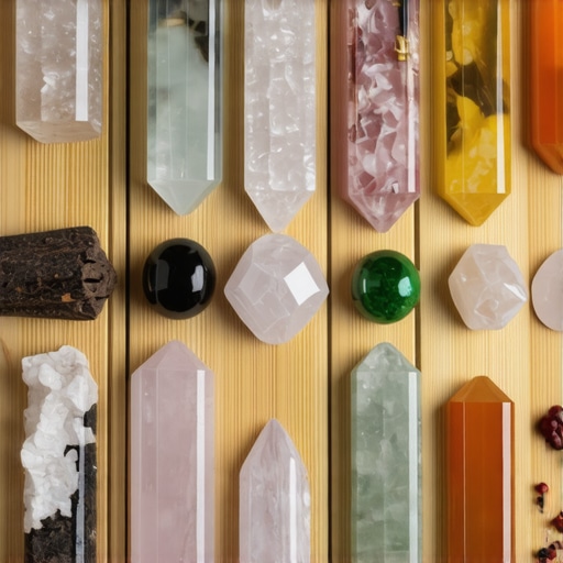Tools for Cultural Energy Maintenance An arrangement of crystals, incense, and symbols on a wooden altar for maintaining cultural beliefs.