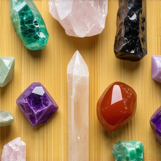Tools for Protecting Positive Energy Crystals and ritual objects arranged on a wooden table for spiritual protection