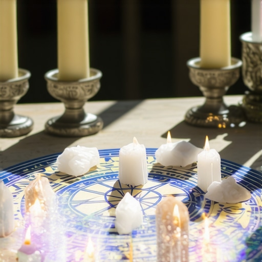 Cristales en una cuadrícula bajo la luz del sol, rodeados de símbolos y velas para cargar energía