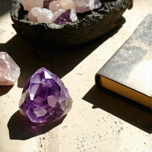 Cristales en un altar con un diario y luz solar, representando energía positiva